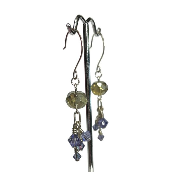 Silver tone smoky and lavender crystal beaded earrings, pierced - Picture 3 of 4